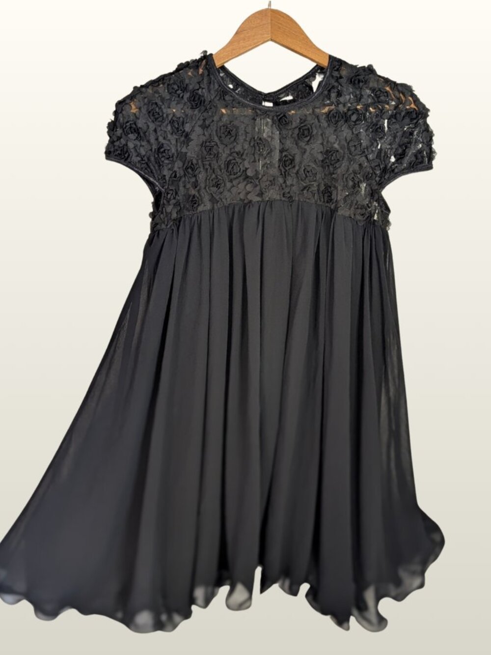 Black Babydoll Swing Mini Dress 10 Sheer Lace Overlay Romantic Coquette EUC
